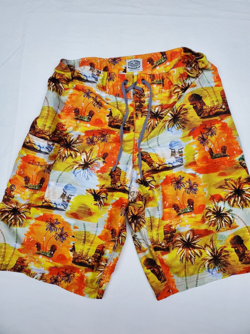 Just Bones Boardwear Men's Sz 33 Orange Tiki Skull Board Shorts Swim Trunks